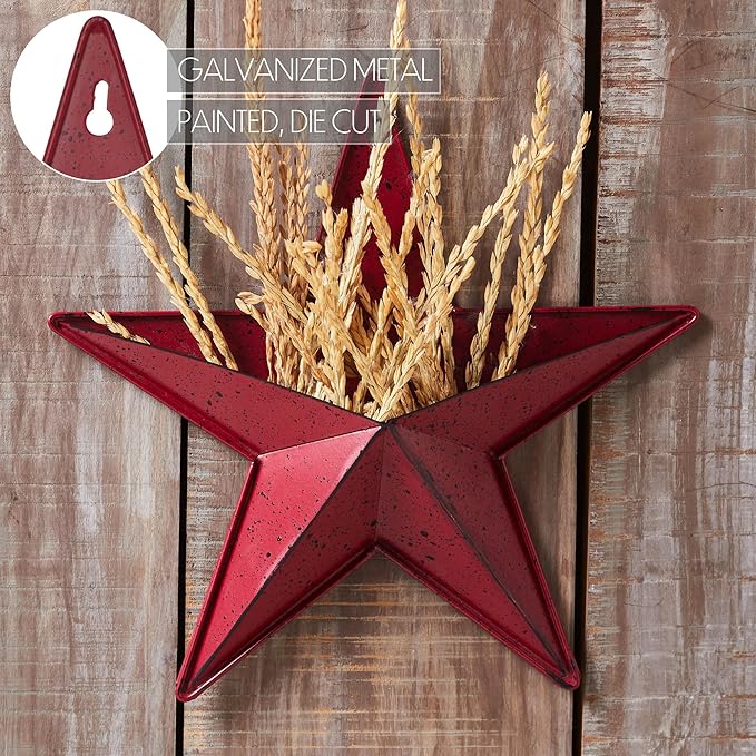 VHC Brands Patriotic Faceted Metal Star Burgundy Wall Hanging With Pocket 12x12, Independence Day Decor, American Star Display, Distressed Appearance, Burgundy