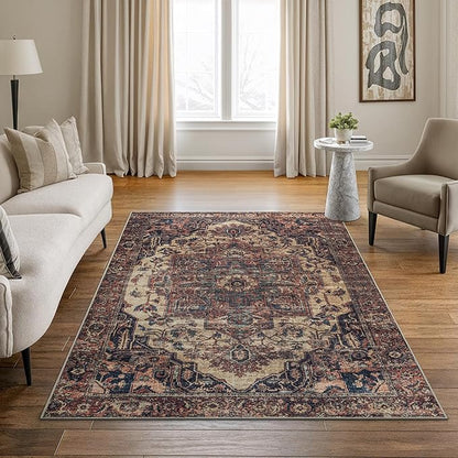 Bloom Rugs Washable 5' x 7' Rug - Beige/Terracotta Traditional Area Rug for Living Room, Bedroom, Dining Room, and Kitchen - Exact Size: 5' x 7'
