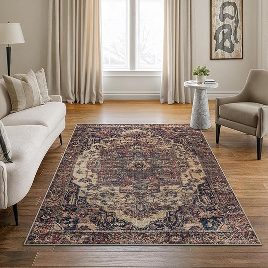 Bloom Rugs Washable 4' x 6' Rug - Beige/Terracotta Traditional Area Rug for Living Room, Bedroom, Dining Room, and Kitchen - Exact Size: 4' x 6'
