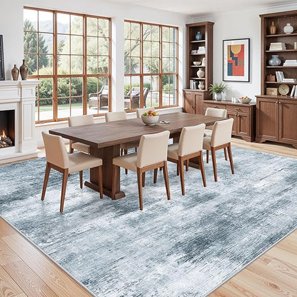 12x12ft Square Living Room Rug – Non-Slip Washable Extra Large Floor Carpet for Bedroom, Dining Room, Playroom Room – Modern Abstract Neutral Thin Low-Pile Big Indoor Rug (Misty Blue Gray)