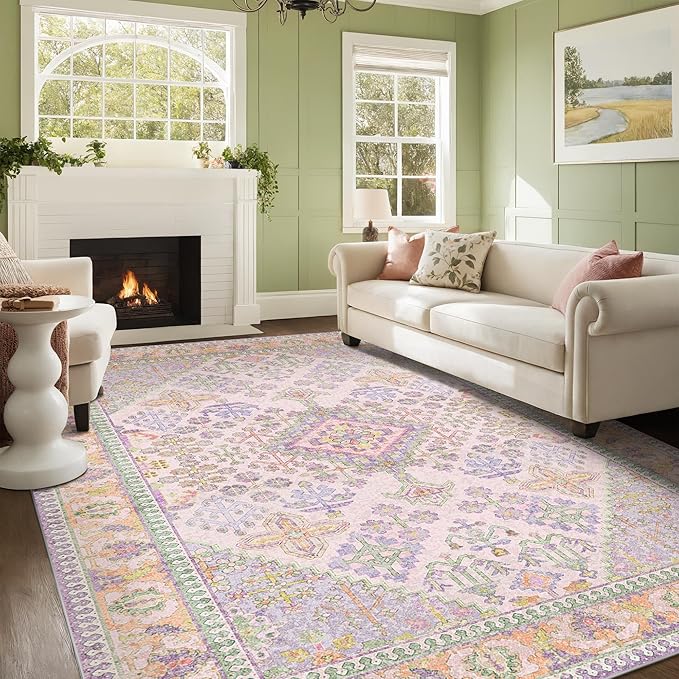 6x9 Area Rugs for Living Room, Machine Washable Low Pile Rug, Non Slip Backing Boho Rugs for Bedroom, Printed Soft Vintage Carpet Lilac Lavender Purple 6 x 9