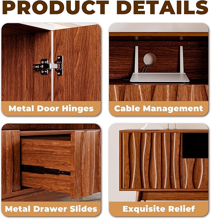 125" Walnut Finish Entertainment Center for 55/65/75 inch TV, Included 78.7'' TV Stand and 2 Glass Display Cabinet, 3-Piece Brown Mid Century Modern Wood Media Console for Living Room