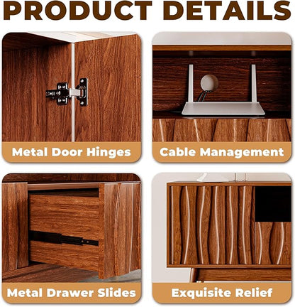 125" Walnut Finish Entertainment Center for 55/65/75 inch TV, Included 78.7'' TV Stand and 2 Glass Display Cabinet, 3-Piece Brown Mid Century Modern Wood Media Console for Living Room