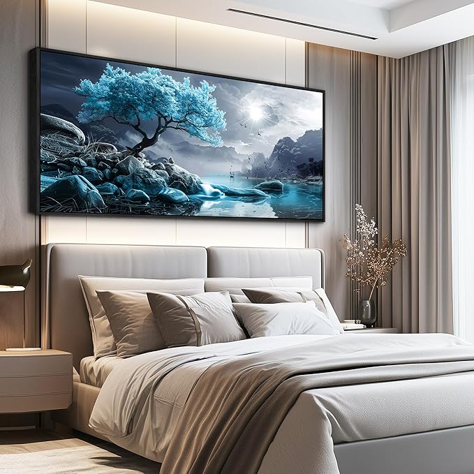 KELIYUAN Large Canvas Wall Decor Bedroom Blue Tree Landscape Wall Paintings Wall Art For Living Room Black And White Pictures Office Mural Framed Prints Artwork Modern Home Decor Aesthetics 32"X72"