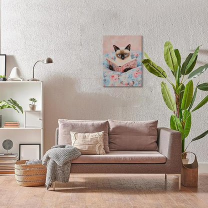 Framed Cat Reading Book Canvas Wall Art, Cute Pink Siamese Cat Wall Decor Print Painting, Funny Animal Lovers Picture for Bedroom Living Room Kids Room Girls Room Home Decor 12x16 Inch