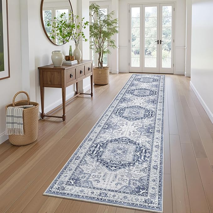 Washable 2.6x12 Runner Rug - Non Slip Long Vintage Hallway Runner Rugs for Kitchen Stain Resistant Indoor Mat Waterproof Carpet for Living Room Entryway Bedroom Laundry Navy/Blue