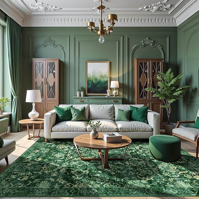 Deep Green Area Rugs 5x8 for Living Room, Washable Vintage Rugs for Bedroom, Distressed Throw Rug, Non Slip Rug Carpet for Bedroom Dining