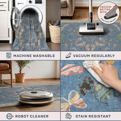 Washable Living Room Rug 8x10, Dusty Blue Area Rugs for Bedroom Under Bed, Dining Room Under Kitchen Table, Kids Room, Playroom, Lage Modern Boho Carpet, Ultra Soft Stain Resistant Colorful Decor