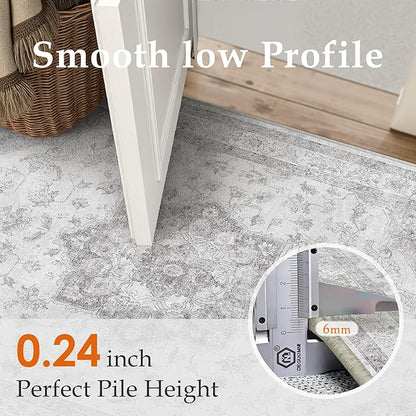 PureCozy Grey Gray Area Rug 4x6 Washable Vintage Carpet for Office Living Room Soft Retro Low Pile Thin Indoor Rug Non Slip Oriental Medallion Floor Cover for Bedroom Kitchen Dining Room