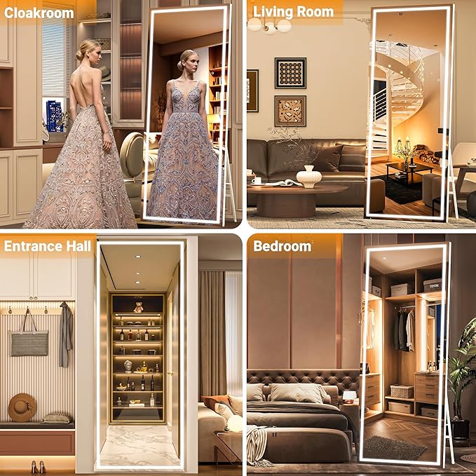 Full Length Mirror with Lights, 56" x 18" LED Lighted Floor Standing Body Mirror, Dimmable & 3 Color Lighting for Bedroom, Cloakroom, Dressing Room, Tempered Glass, Square White