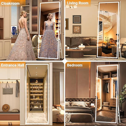 Full Length Mirror with Lights, 56" x 18" LED Lighted Floor Standing Body Mirror, Dimmable & 3 Color Lighting for Bedroom, Cloakroom, Dressing Room, Tempered Glass, Square White