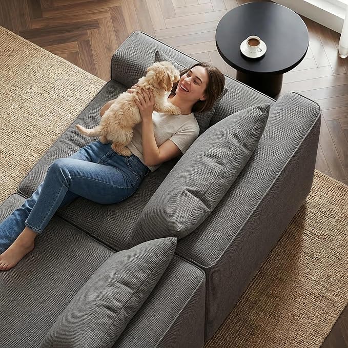 Homkdom Modular Sectional Sofa, L-Shaped Cloud Couch with Deep Seat, Convertible 6-in-1 Boneless Couches for Living Room, Memory Foam Sofa, No Assembly Required (Grey Check, Left Facing Chaise)