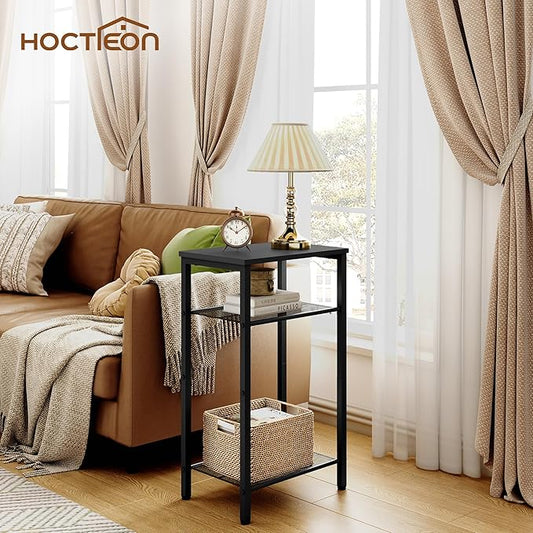 Hoctieon 2-Set 3 Tier End Table, Telephone Table Set of 2, Tall Side Table with Storage Set of 2, Small Nightstand for Small Spaces, Metal Frame, for Living Room, Bedroom, Sofa Couch, Black