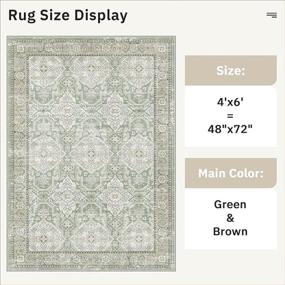 Soalmost 4x6 Area Rugs for Living Room, Vintage Washable Rugs for Dining Room, Bedroom, Home Office Decor, Non-Slip Green/Brown Carpet Thin Rug
