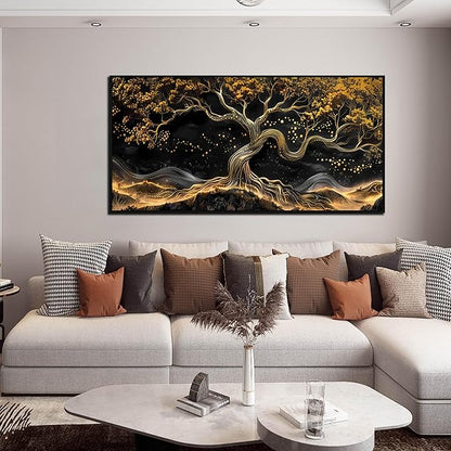 Gold Trees Pictures for Living Room - Modern Art Wall Decor for Office - Black Framed Wall Art Ready to Hang Size 24" x 48"