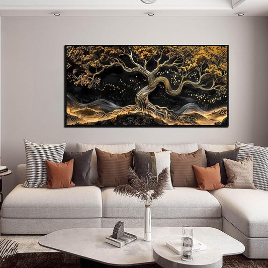 Gold Trees Pictures for Living Room - Modern Art Wall Decor for Office - Black Framed Wall Art Ready to Hang Size 24" x 48"