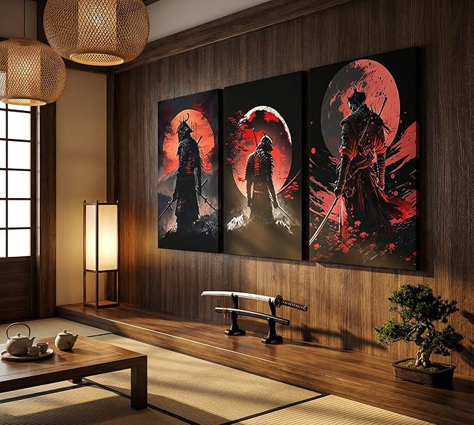 3pcs Japan Samurai Canvas Wall Art Japanese Bushido Posters Prints Paintings Japanese Style Full Moon Ninja Wall Decor Pictures for Living Room Bedroom Home Artwork Decoration Unframed