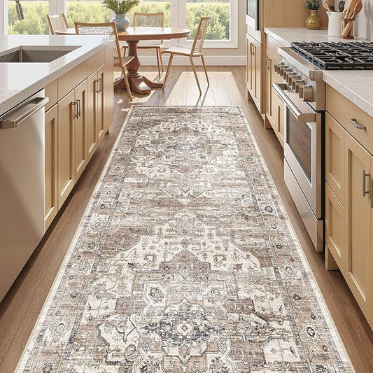 3x12 Washable Runner Rug :Hallway Runner with Non Slip Backing Farmhouse for Bedroom Bathroom Living Room Rug Vintage Large Soft Entryway for Kitchen Laundry Room Stain Resistant Carpet-Tea Brown