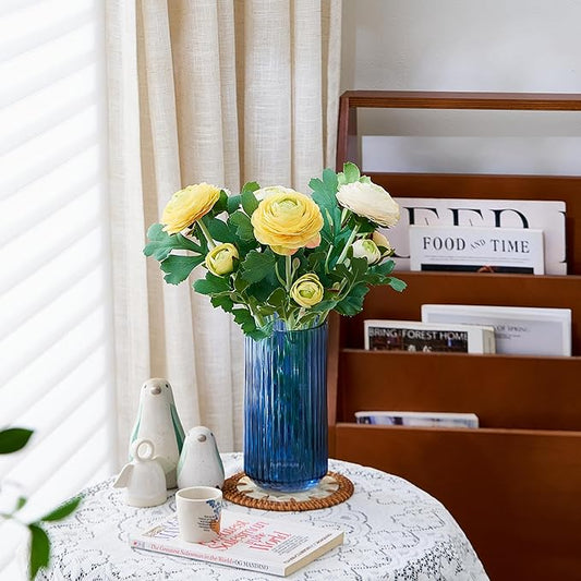 TIMEFOTO 7.5 inch Blue Glass Flower Vase for Pampas Grass, Medium Decorative Centerpiece Ribbed Vase for Dining Table, Office Desktop, Shelf Bookshelf, Mantel, Entryway, Bathroom, Countertop,Gift