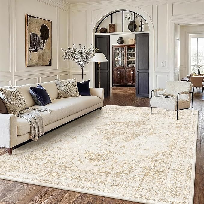 9x12 Vintage Washable Area Rugs Boho Medallion Large Distressed Retro Accent Carpet Floral Non-Slip Soft Low Pile Indoor Throw Rug for Living Room Bedroom Dining Room Office Kitchen, Beige
