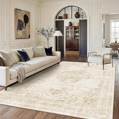 9x12 Vintage Washable Area Rugs Boho Medallion Large Distressed Retro Accent Carpet Floral Non-Slip Soft Low Pile Indoor Throw Rug for Living Room Bedroom Dining Room Office Kitchen, Beige