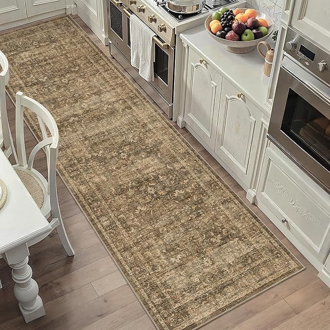 2'6"x8' Brown Runner Rug Hallway Non Slip Washable Area Rugs Kitchen Soft Vintage Boho Long Rug Distressed Floral Carpet Indoor Low Pile Throw Rug for Bedroom Bathroom Laundry Dining Room Office