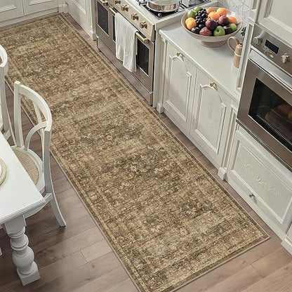 2'6"x8' Brown Runner Rug Hallway Non Slip Washable Area Rugs Kitchen Soft Vintage Boho Long Rug Distressed Floral Carpet Indoor Low Pile Throw Rug for Bedroom Bathroom Laundry Dining Room Office