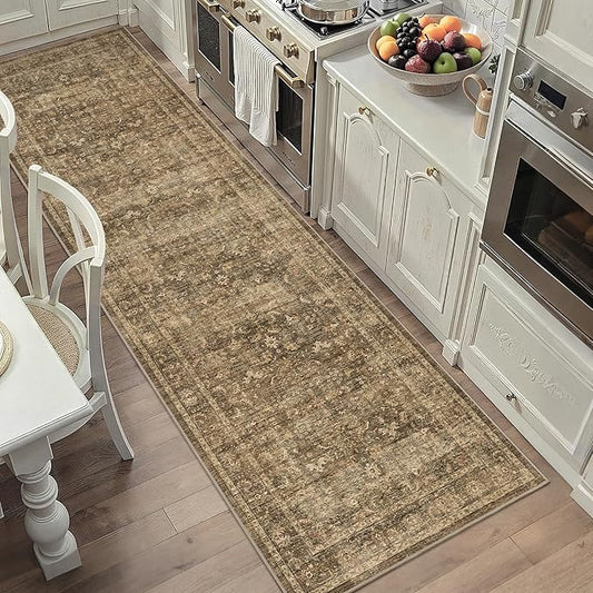 2'6"x8' Brown Runner Rug Hallway Non Slip Washable Area Rugs Kitchen Soft Vintage Boho Long Rug Distressed Floral Carpet Indoor Low Pile Throw Rug for Bedroom Bathroom Laundry Dining Room Office
