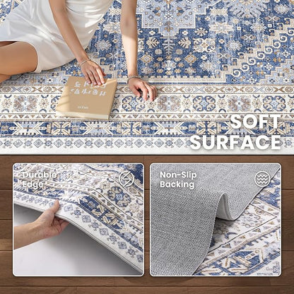 zesthome 2x3 Entryway Rug, Soft Washable Rugs, Non Slip Area Rug, Stain Resistant Low Pile Rugs for Bedroom, Vintage Rug for Door Mat, Kitchen (Blue/Beige,2'x3')