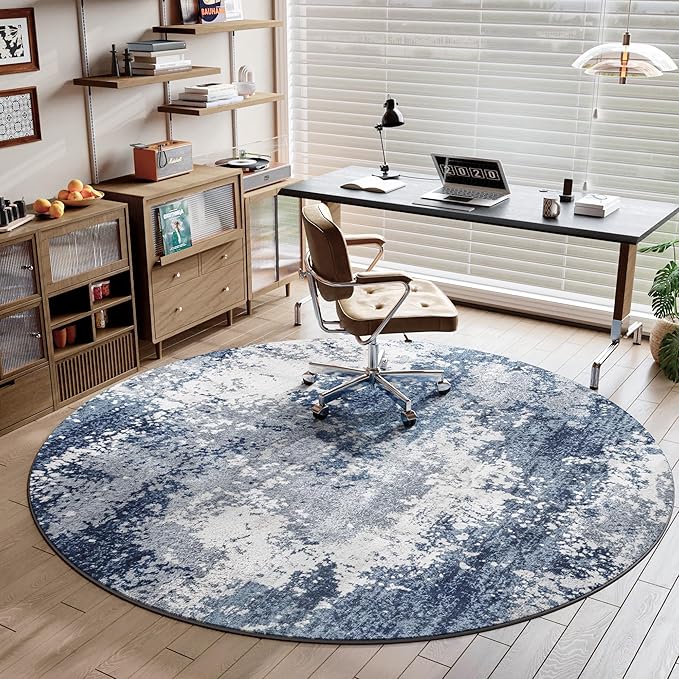 Blue Round Area Rugs 4ft Washable Circle Rug for Entryway Kitchen, Non Slip Soft Low Pile Stain Resistant, Boho Circular Carpet for Living Room Bedroom Dorm Dining Room Table, Abstract Navy