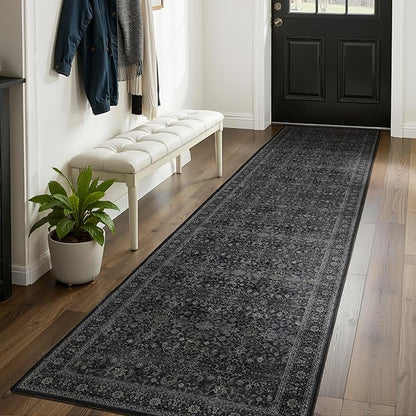 Dark 2x8 Kitchen Runner, Washable Non Slip Runner Rug for Hallway Entryway, Lightweight Ultra Thin Low Pile Carpet Runner for Bathroom/Mudroom/Corridor/Laundry Room, Vintage Farmhouse Midnight