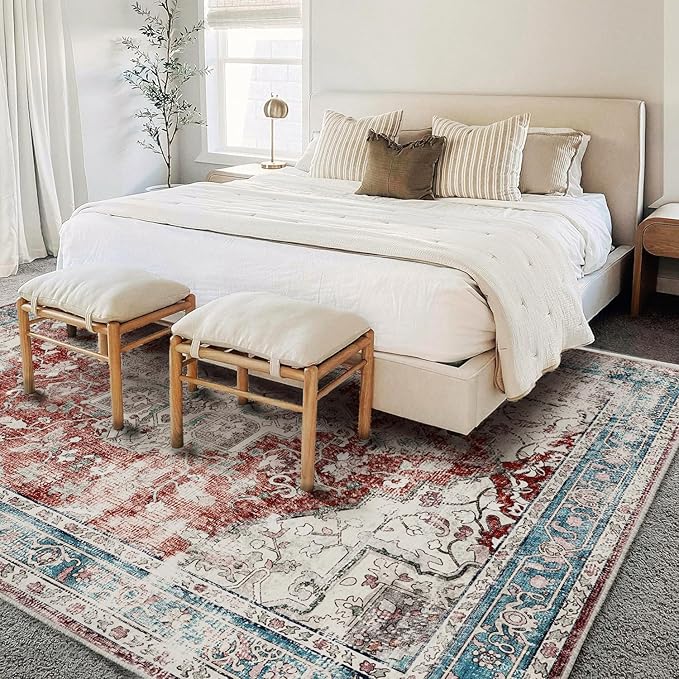 CHAMPLANT Area Washable Rug 5'x7' Red Blue Washable Vintage Traditional Floor Cover Thin Rug Retro Kitchen Indoor Distressed Non Slip Carpet Floral Print Mat Living Room Bedroom Dining Room