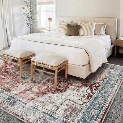 CHAMPLANT Area Washable Rug 5'x7' Red Blue Washable Vintage Traditional Floor Cover Thin Rug Retro Kitchen Indoor Distressed Non Slip Carpet Floral Print Mat Living Room Bedroom Dining Room