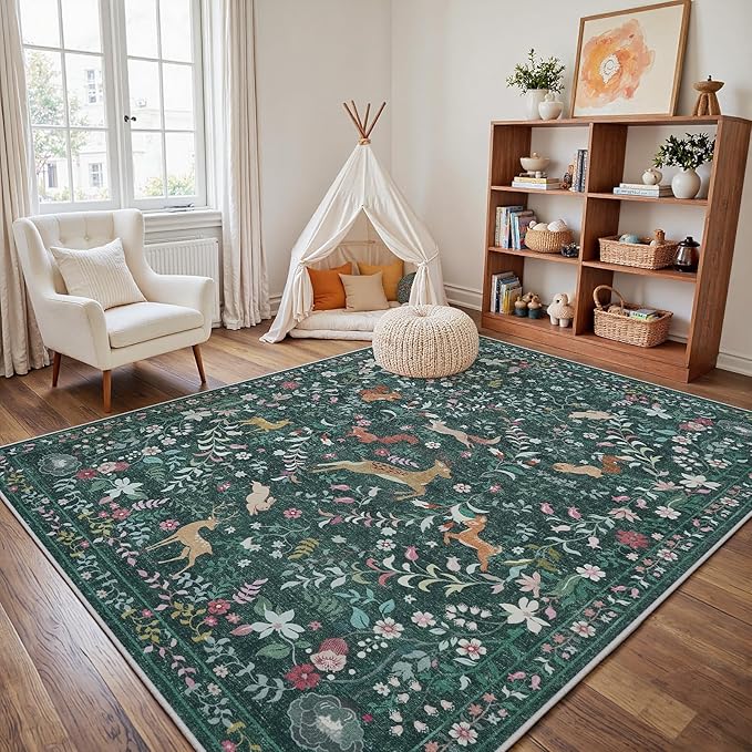 5x7 Area Rugs Washable Rug: Lagre Boho Living Room Rug Soft Non-Slip Thin Carpet Indoor Floor Non-Shedding Neutral Floral Carpets for Bedroom Dining Room Farmhouse Nursery Dark Green