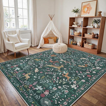 5x7 Area Rugs Washable Rug: Lagre Boho Living Room Rug Soft Non-Slip Thin Carpet Indoor Floor Non-Shedding Neutral Floral Carpets for Bedroom Dining Room Farmhouse Nursery Dark Green