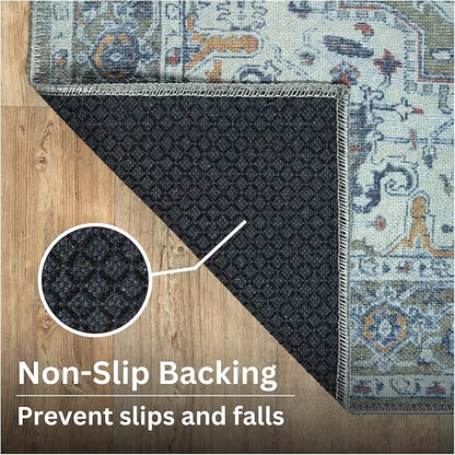 Bloom Rugs Washable Non-Slip 6' x 9' Rug - Green/Blue Traditional Medallion Area Rug for Living Room, Bedroom, Dining Room, and Kitchen - Exact Size: 6' x 9'