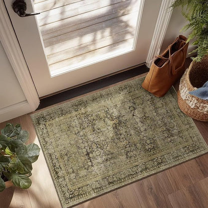 Washable 2x3 Entryway Rug, Boho Non-Slip Door Mat Vintage Distress Small Rugs for Kitchen Nursery Office Bedroom, 0.3" Neutral Oriental Throw Carpet with Cushioning Pad, Moss/Yellow/Multi, C3
