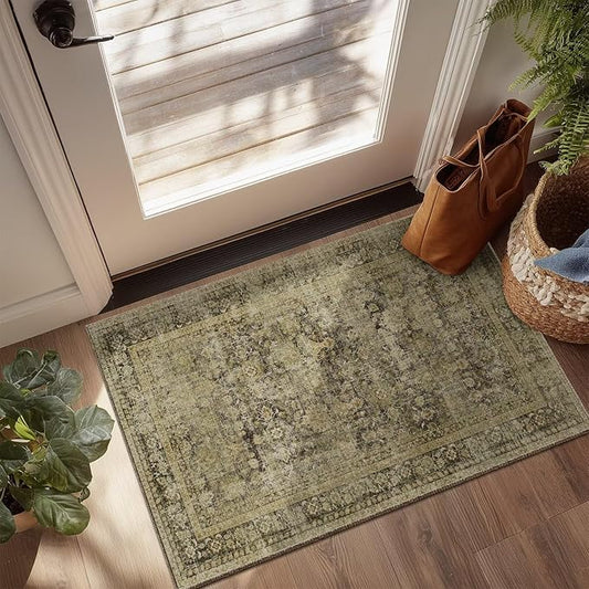 Washable 2x3 Entryway Rug, Boho Non-Slip Door Mat Vintage Distress Small Rugs for Kitchen Nursery Office Bedroom, 0.3" Neutral Oriental Throw Carpet with Cushioning Pad, Moss/Yellow/Multi, C3