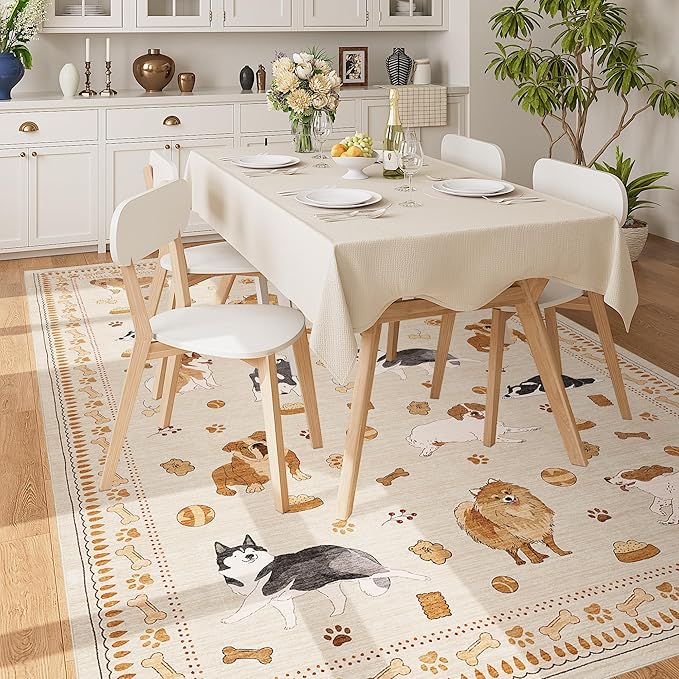 DUKINO 6x9 Rug for Living Room, Lightweight Animal Dog Print Washable Area Rug, Non Slip & Low Pile Floor Mat, Stain Resistant Large Carpet for Bedroom, Nursery, Farmhouse, Kids Playroom, Beige Yellow