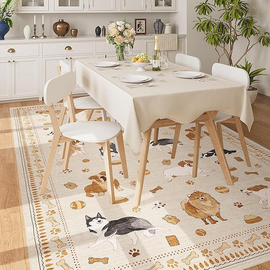 DUKINO 6x9 Rug for Living Room, Lightweight Animal Dog Print Washable Area Rug, Non Slip & Low Pile Floor Mat, Stain Resistant Large Carpet for Bedroom, Nursery, Farmhouse, Kids Playroom, Beige Yellow
