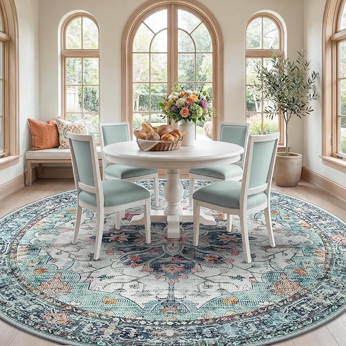 RELEANY Area Rugs Round 10ft Washable Non-Slip, Floral Vintage Distress Print Pattern Medallion Carpet for Living Room Bedroom Dining Room, Green Navy Blue White Red Teal Colorful