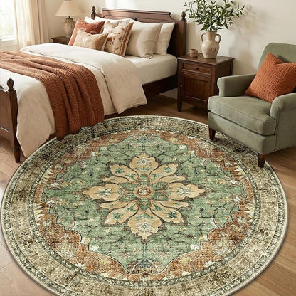 RELEANY Area Rugs Round 6ft Washable Non-Slip, Floral Vintage Distress Print Pattern Medallion Carpet for Living Room Bedroom Dining Room, Brick Red Rust Neutral Brown Burnt Orange Green