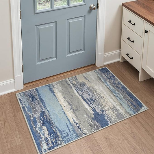 GENIMO 2X3 Washable Modern Doormat, Non-Slip Low Pile Chenille Area Rug, Small Entry Mat for Entrance Hallway Kitchen Bathroom, Indigo Drift