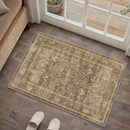 2x3 Brown Entryway Rug Non Slip Washable Area Rug Soft Vintage Boho Throw Rug Retro Distressed Floral Carpet Indoor Farmhouse Decor Low Pile Small Door Mat for Kitchen Bathroom Bedroom Laundry Office