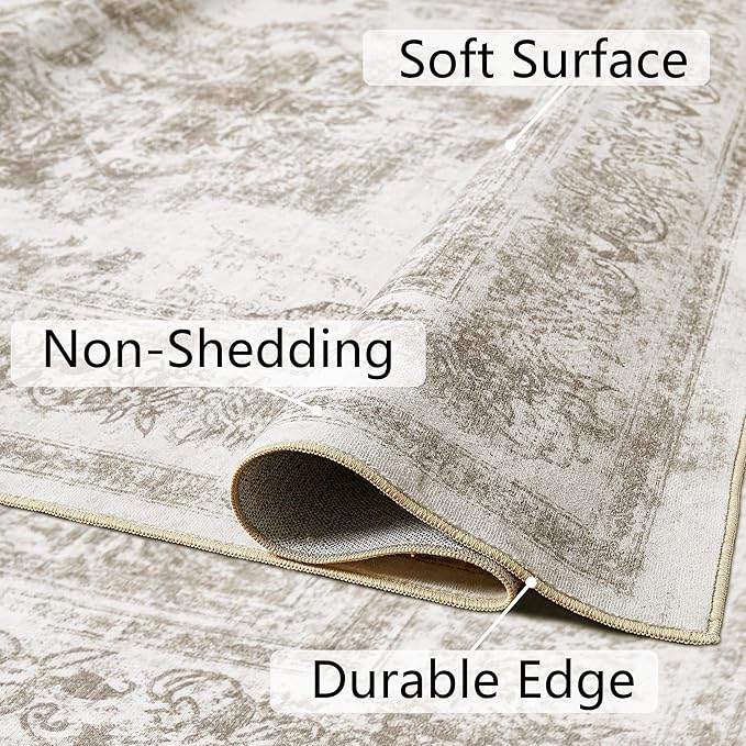 PureCozy Area Rug 6x9 Beige Washable Living Room Carpet Non Slip Vintage Medallion Indoor Bedroom Carpet Low Pile Soft Retro Distressed Large Rug Home Office Dining Room Playroom