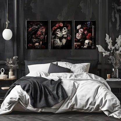 Gothic Canvas Wall Art Set of 3, Red Rose Skull Wall Decor Paintings, Dark Romantic Crow Goth Halloween Aesthetic Posters Prints for Bathroom, Living Room, Gallery, Home Decor 16x24Inch Framed