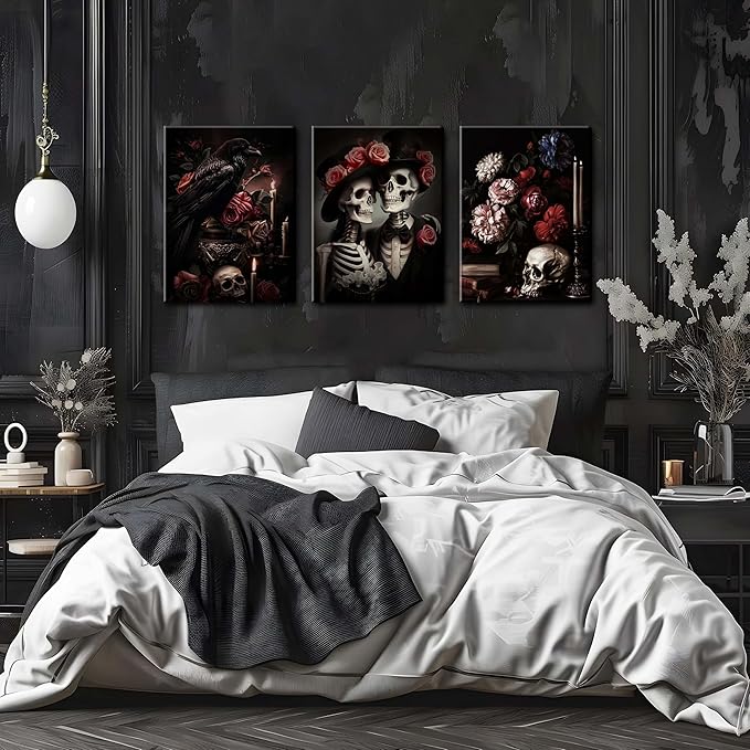 Gothic Canvas Wall Art Set of 3, Red Rose Skull Wall Decor Paintings, Dark Romantic Crow Goth Halloween Aesthetic Posters Prints for Bathroom, Living Room, Gallery, Home Decor 12x16Inch Framed