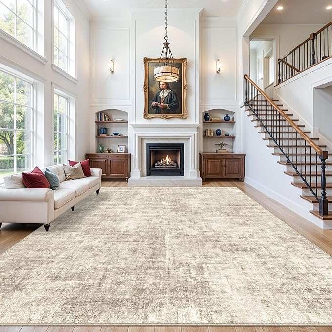 12x15 Area Rug for Living Room – Extra Large Modern Neutral Abstract Washable Carpet, Soft Low Pile Non-Slip Stain-Resistant Oversized Rug for Bedroom Dining Room Home Office (Warm Beige)