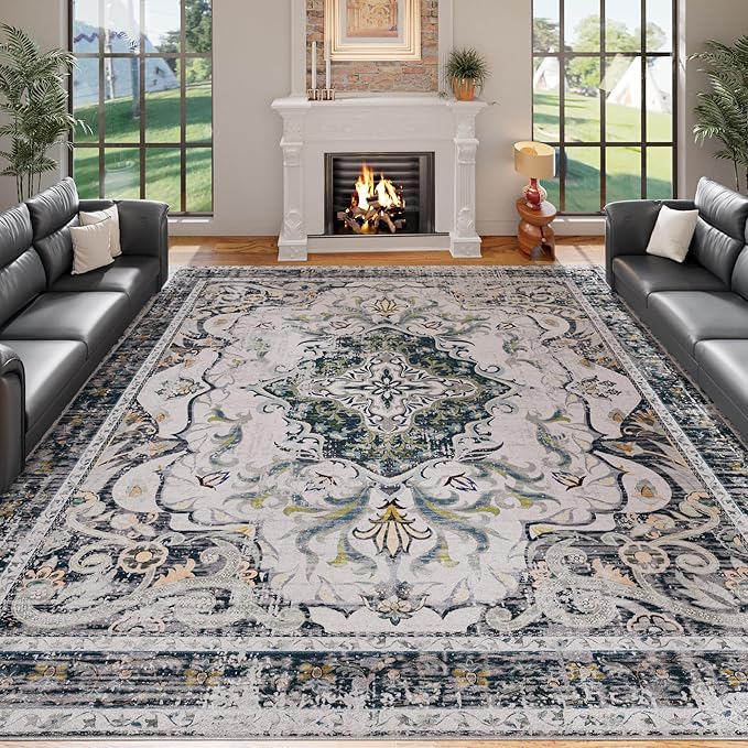 RUSHUFFY 6x9 Washable Area Rugs for Living Room, Non-Slip Boho Vintage Traditional Medallion Print Pattern Carpet for Bedroom Dining Room Farmhouse Nursery Room, Grey White
