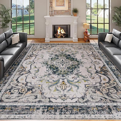 RUSHUFFY 6x9 Washable Area Rugs for Living Room, Non-Slip Boho Vintage Traditional Medallion Print Pattern Carpet for Bedroom Dining Room Farmhouse Nursery Room, Grey White